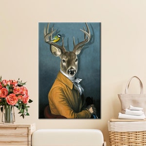 Deer İn Suit Art, Deer With Bird, Deer Canvas Art, Abstract Deer Artwork, Animal Kingdom, Modern Canvas Art, Funny Deer Wall Art,