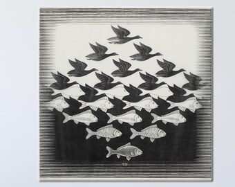 エッシャー風の錯覚キャンバスウォールアート、鳥から魚へ、白黒