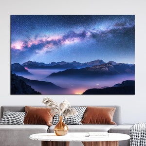 Night Canvas Art, Starry Sky Art, Milky Way Artwork, Galaxy Wall Art, Space, Sky Art, Mountain Art Decor, Cosmos Canvas, Nature Landscape,
