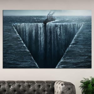 Arte mural en lienzo con un barco surrealista y el abismo, póster con ilusión de vórtice oceánico, escena marítima de fantasía, decoración en lienzo de algodón de aguas profundas.
