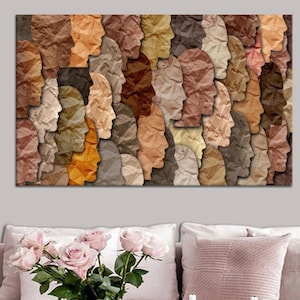 Diversity and Inclusion Wall Art, Multicultural Paper Faces Canvas Print, Unity and Equality Poster, Abstract Human Silhouette Decor