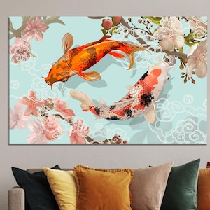 Lienzo decorativo de pez koi, pintura de carpas yin yang de estilo japonés, póster floral de flor de cerezo, decoración del hogar con un toque asiático.