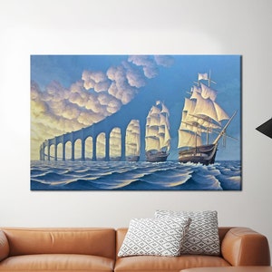 Blaue Brücke, Blaue Leinwand, Surreale Kunst, Abstrakte Leinwandkunst, Blaue Wandkunst, Surreale Kunst, Leinwandkunst, Gerahmt, Moderne Leinwand