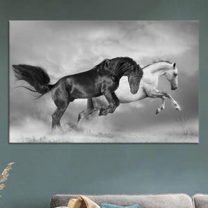 Black and White Horses Canvas Poster,Monochrome Equine Wall Art Print on Cotton Canvas, Powerful Horse Duo Decor for Rustic or Modern Spaces
