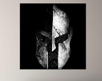 Spartan Warrior Helmet Canvas Art, Black and White Gladiator Wall Print, Ancient Greek Warrior Poster, Bold Cotton Canvas Decor