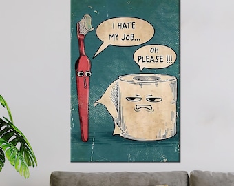 Lienzo divertido para pared de baño, póster cómico de cepillo de dientes y papel higiénico, impresión de caricatura humorística, decoración de baño original en lienzo de algodón.