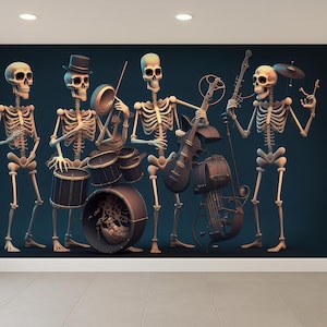 May include: A mural shows a skeleton jazz band. Four skeletons play instruments such as drums, a double bass, and a saxophone. The skeletons are set against a dark teal background.
