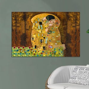 The Kiss Canvas Wall Art, Gustav Klimt Inspired Romantic Print, Golden Abstract Lovers Poster, Classic Cotton Canvas Home Decor