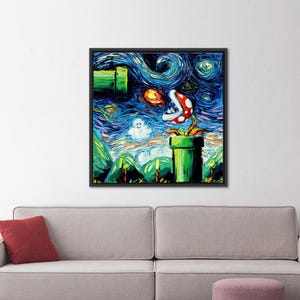 Mario Canvas Art, Modern Canvas Art,Starry Night Art, Van Gogh Artwork, Framed Canvas Art, Super Mario Poster, Game Room Art,