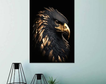 Lienzo decorativo de águila emplumada dorada, majestuoso retrato de pájaro negro, póster de vida silvestre impactante, decoración animal de lujo para interiores.