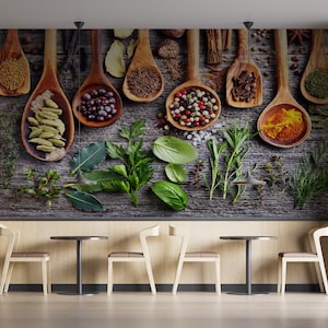 Herbs and Spices Wall Mural for Kitchen Decor, Rustic Wooden Spoon Wallpaper, Botanical Cooking Wall Art, Fresh Culinary Accent