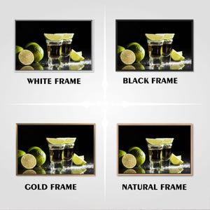 May include: Two shot glasses filled with a golden liquid, garnished with lime wedges, on a black background. The glasses are surrounded by lime slices. The image is framed in white, black, gold, and natural wood.