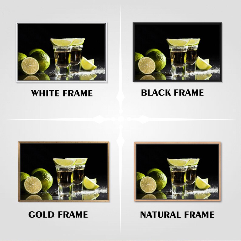 May include: Two shot glasses filled with a golden liquid, garnished with lime wedges, on a black background. The glasses are surrounded by lime slices. The image is framed in white, black, gold, and natural wood.