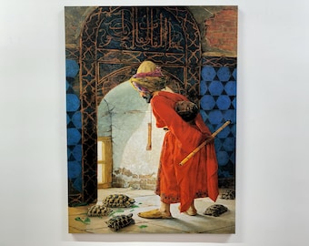 May include: A man in a red robe and a turban stands in a tiled room, looking down at a group of turtles on the floor. The room has a blue and white tiled wall and a doorway with intricate carvings. The man is holding a long, thin stick in his right hand.