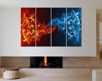 Fire Vs Water Art, Red Vs Blue Canvas, Element War Decor, Ice Heat