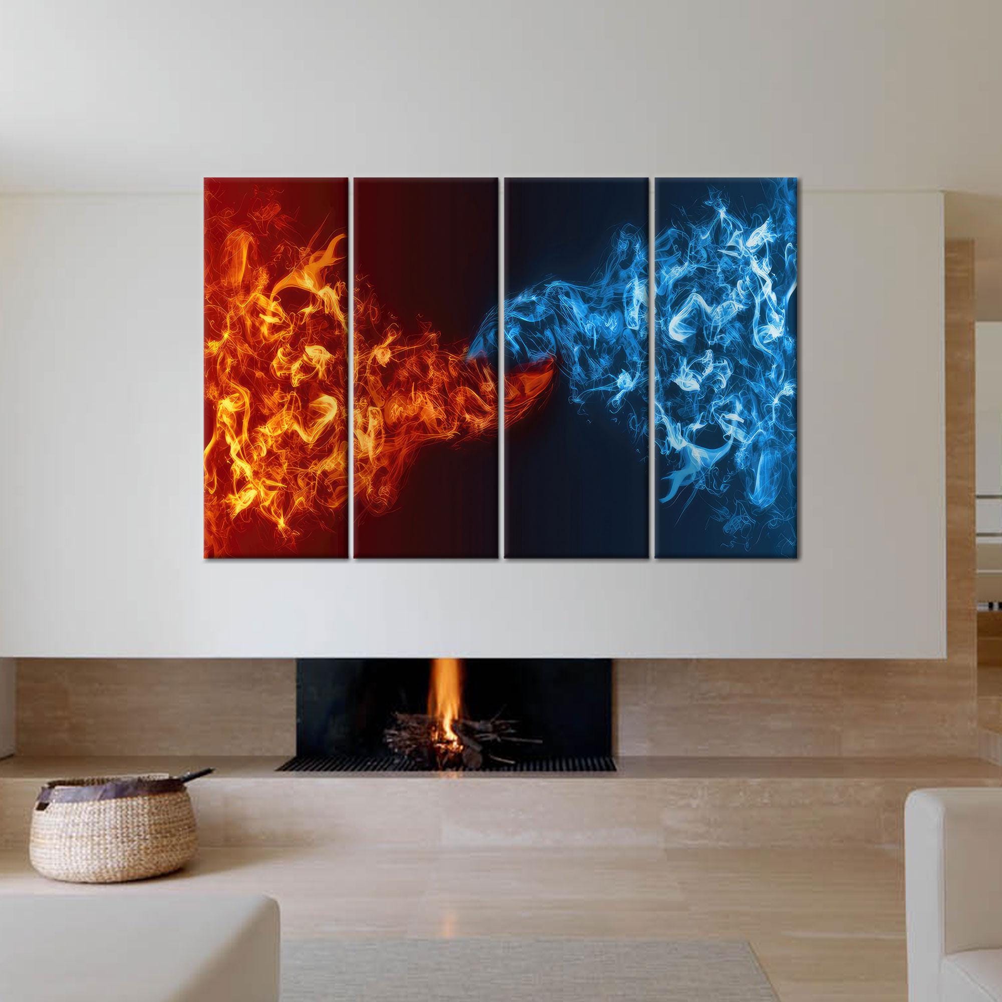 Fire Vs Water Art, Red Vs Blue Canvas, Element War Decor, Ice Heat