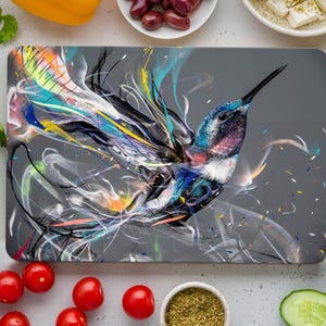 Tabla de cortar colorida, tabla de cortar de animales, tabla de servir con colibrí abstracto, tabla de cortar con colibrí, tabla de cortar carne,