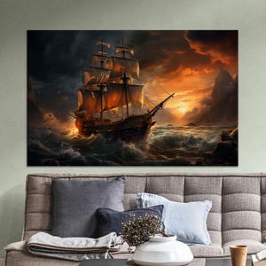 Halloween Decor Art, Ship on the Ocean Canvas Poster, View Wall Art, Pirate Wall Decor, Sunset Canvas Gift, Personalized Gift,