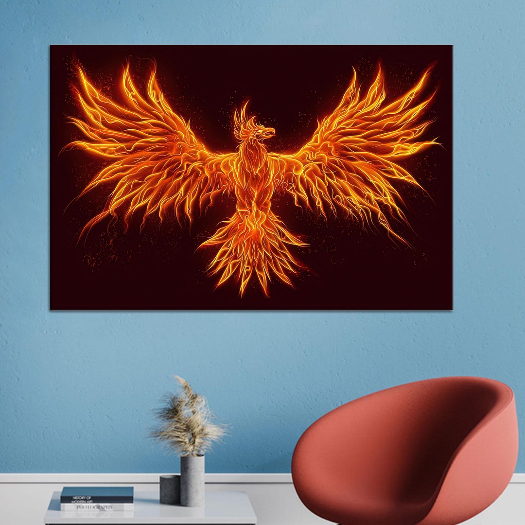 Fiery Phoenix Bird Canvas Wall Art, Mythical Flame Wings Poster