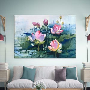 Decoración de lienzo de loto, obra de acuarela, flor de acuarela, arte de flor rosa, arte de póster colorido, lienzo abstracto, arte de pared moderno,