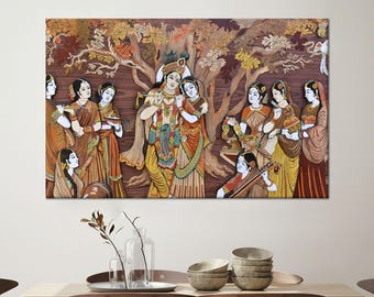 Indyjska sztuka ścienna, Radha Krishna, indyjscy bogowie, hinduska sztuka na płótnie, hinduistyczne dekoracje ścienne, kobieta Radha Krishna, nowoczesna sztuka na płótnie, dekoracje plakatowe