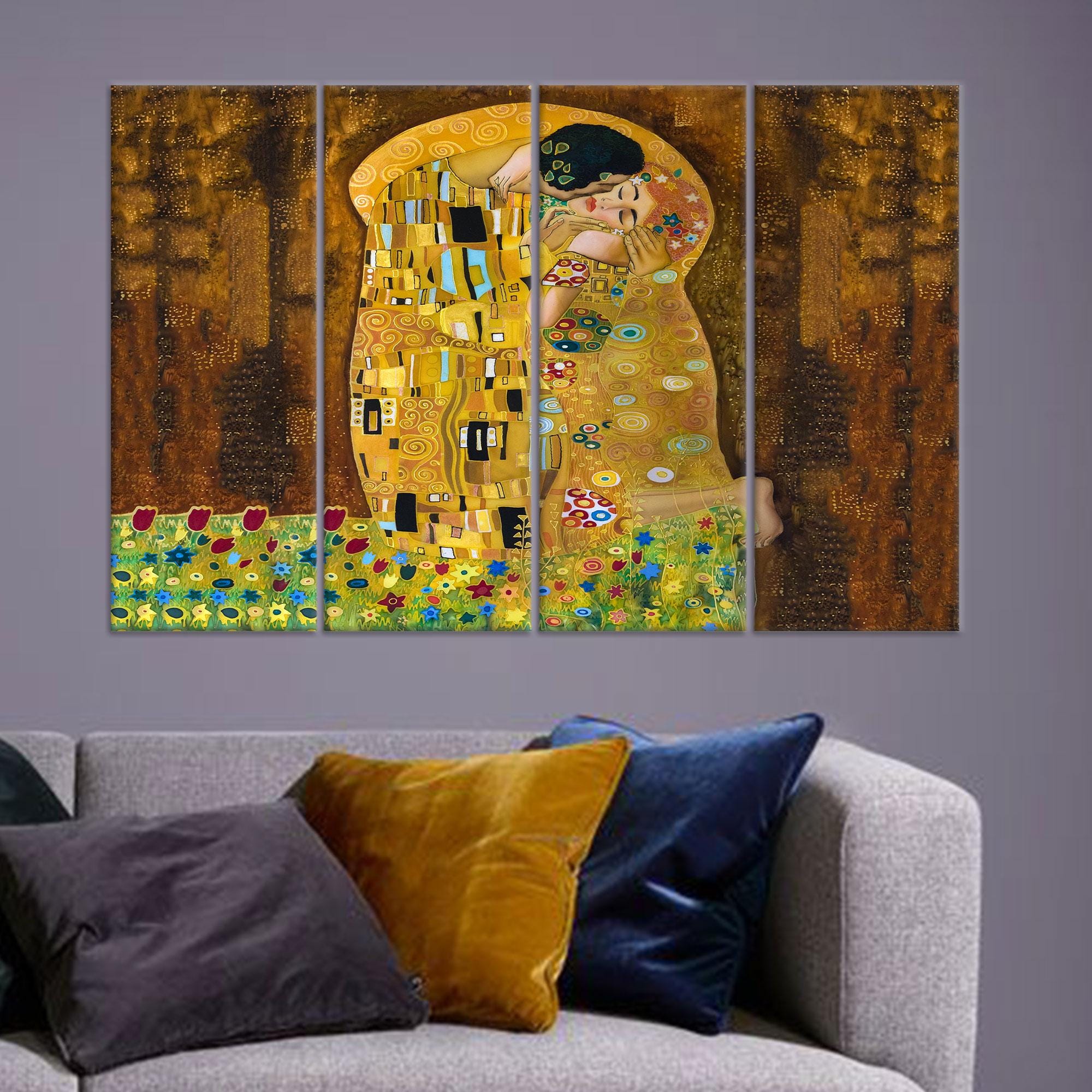 The Kiss Canvas Wall Art, Gustav Klimt Inspired Romantic Print, Golden ...