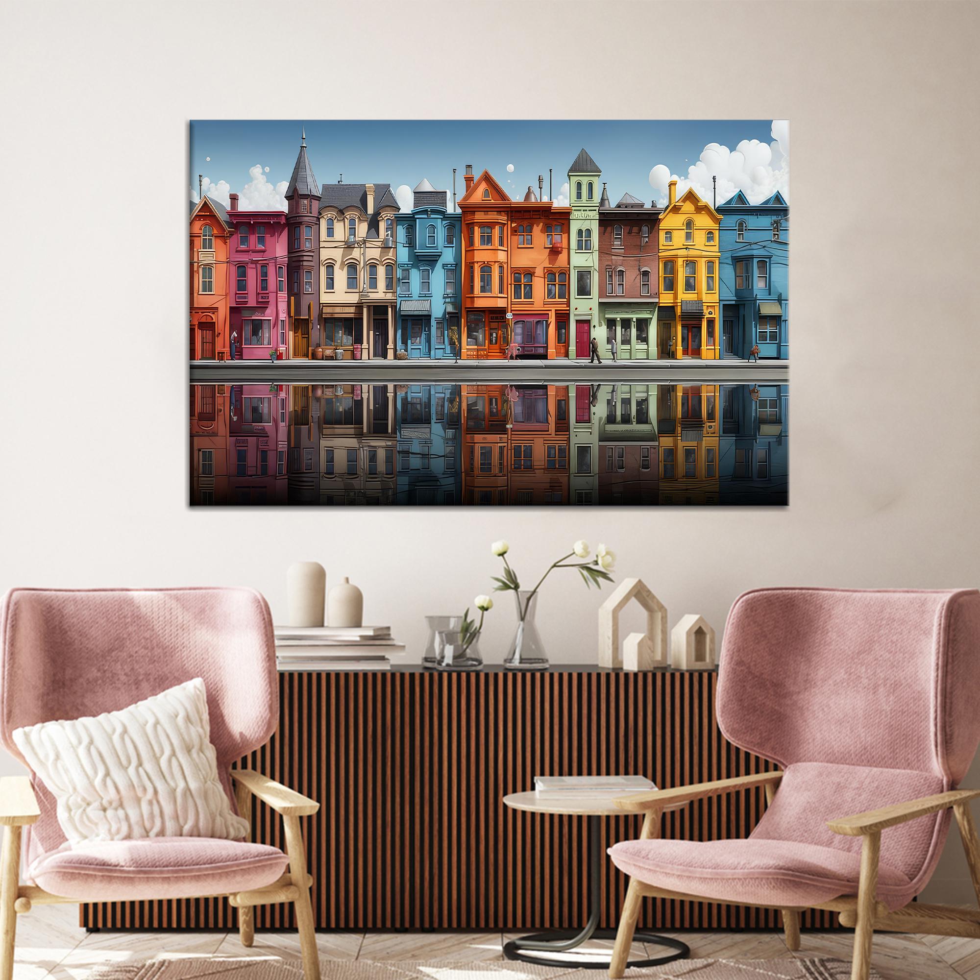 Colorful Houses Art, City Canvas Art, Colors Wall Decor, Colorful