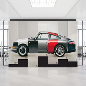Porsche Evolution väggmålning, klassisk till modern 911 bildesign tapet, fordons tidslinjekonst för garage, kontor eller man cave dekor