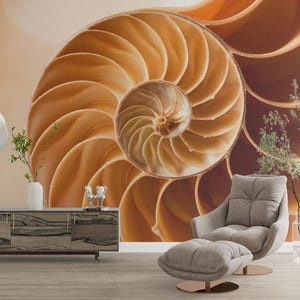 May include: A large, detailed wall mural featuring a nautilus shell in shades of brown and tan. The shell's spiral pattern dominates the image, creating a focal point. A gray armchair with a matching ottoman and a wooden cabinet are in the foreground.