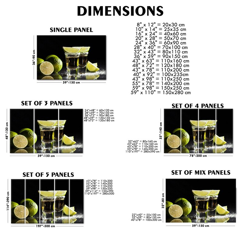 May include: A set of five black and white canvas prints featuring a close-up of two shot glasses filled with tequila and lime wedges on a black surface. The image is available in various sizes, including single panel, set of 3 panels, set of 4 panels, and set of 5 panels. Dimensions are listed in inches and centimetres.