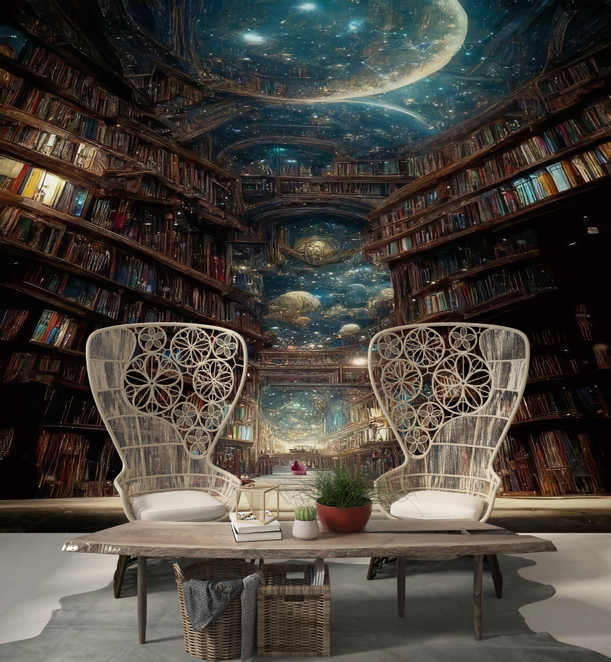 子供部屋用ファンタジー図書館壁画、星空の夜のブックホール壁紙、魔法 
