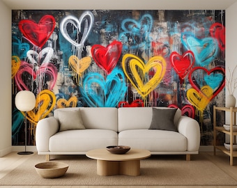 Graffiti Herz Wandbild, bunte Urban Street Art Tapete für Schlafzimmer oder Studio, lebendige Liebesherzen Wanddekor, mutiges Pop-Art-Wandbild