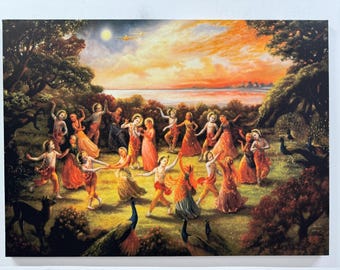 Rasa Lila Tanz, Radha Krishna, Radha Krisna Tanz, Hindu Geschenk Wandkunst, Indische Leinwand Kunst, Hinduistisches Tanzplakat, Leinwand Wandkunst, Plakatkunst