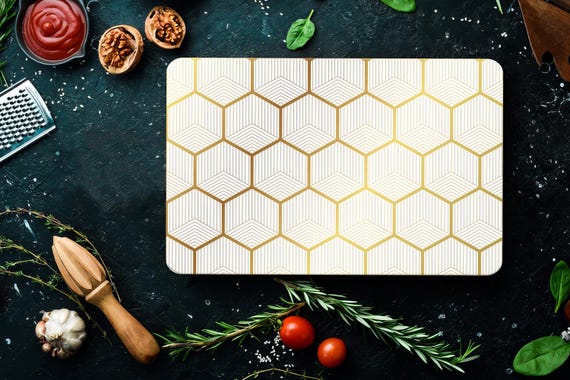 Hexagon, Geometric Pattern, Golden, White, Bee Comb Tempered Glass Board, Easy Clean Board, Decorative Kitchen, Serving Platter,
