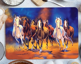 Horses Chopping Board, Animal Cutting Board, Ridding Horse Serving Board, Running Horses Painting Chopping Board, Glass Cutting Board,