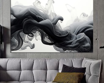 Póster de lienzo con humo abstracto, póster de lienzo en blanco y negro, decoración de lienzo con humo negro, tapiz moderno.