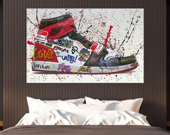 Arte en lienzo de zapatos, arte mural de zapatillas, arte de grafiti de zapatos, decoración moderna en lienzo, póster de zapatos, decoración de pared con grafiti, decoración del hogar.