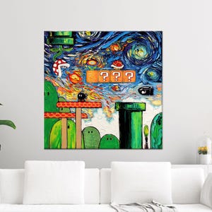 Mario World Art, Mario World Starry Night, Super Mario Canvas, Van Gogh Wall Art, Starry Night Artwork , Game Room Decor, Canvas Wall Art,