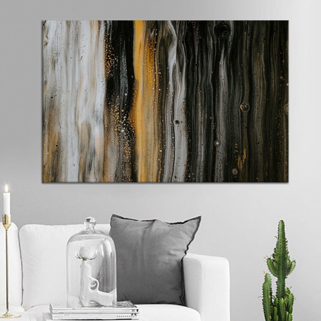 Black Gold White Abstract Canvas Wall Art, Fluid Modern Painting Print ...