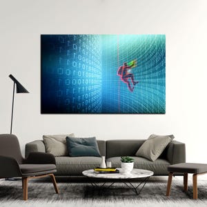 Może przedstawiać: Cyfrowy wydruk artystyczny przedstawiający osobę w czerwonym garniturze wspinającą się po ścianie kodu binarnego. Tło to niebieski i zielony gradient z czerwoną linią biegnącą pionowo w dół pośrodku.