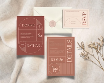 Modèle Suite d'Invitations Retro Elegant ou Faire-Part de Mariage Personnalisable à Modifier sur Canva, Thème Terracotta