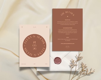 Plantilla de invitación simple, moderna y minimalista o anuncio de boda personalizable para editar en Canva, tema terracota