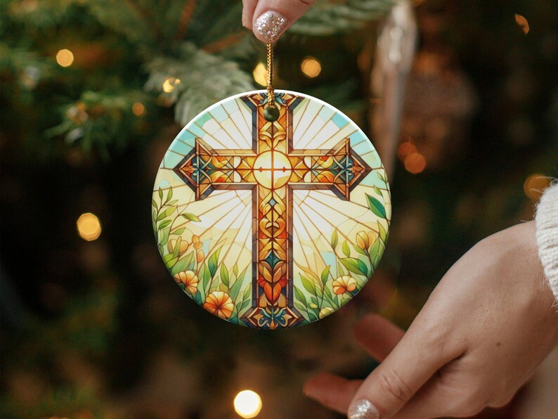 Stained Glass Cross Ornament 2024, Christian Holiday Decor, Religious