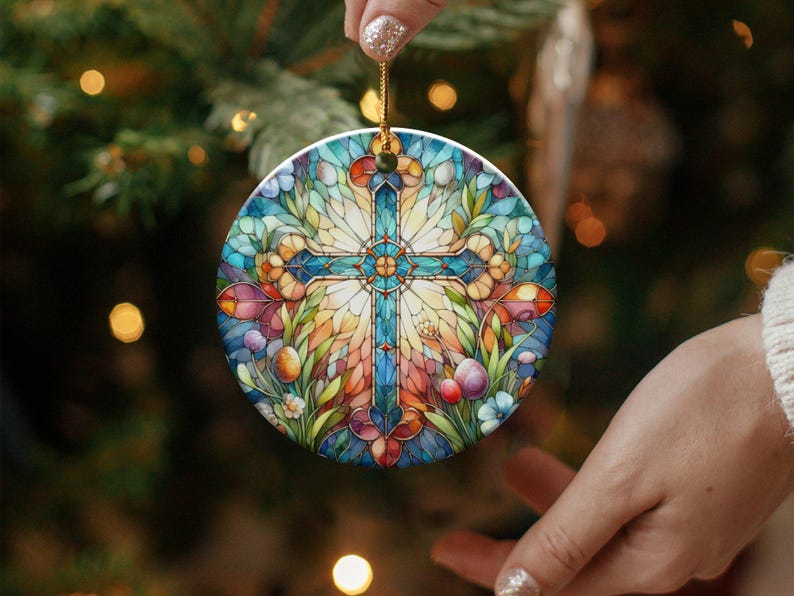 Stained Glass Cross Ornament 2024 Easter Decor Floral Ornaments