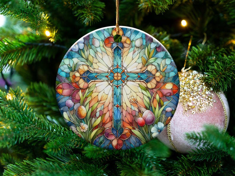 Stained Glass Cross Ornament 2024 Easter Decor Floral Ornaments