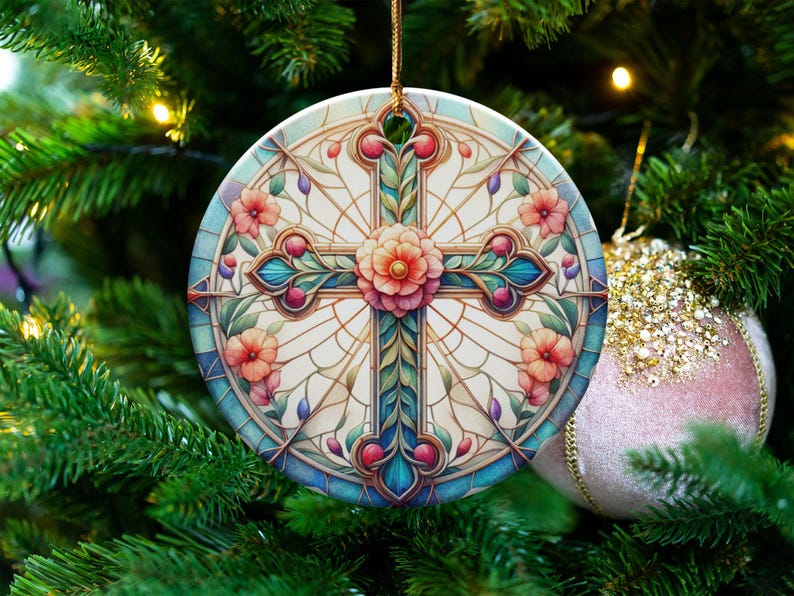 Beautiful Floral Cross Ornament 2024, Stained Glass Design, Christian