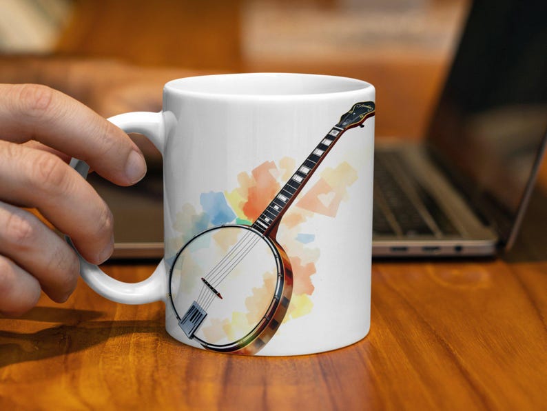 Banjo Coffee Mug, Music Lover Gift, Unique Music Mug, Artistic Banjo