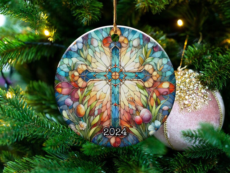 Stained Glass Cross Ornament 2024 Easter Decor Floral Ornaments