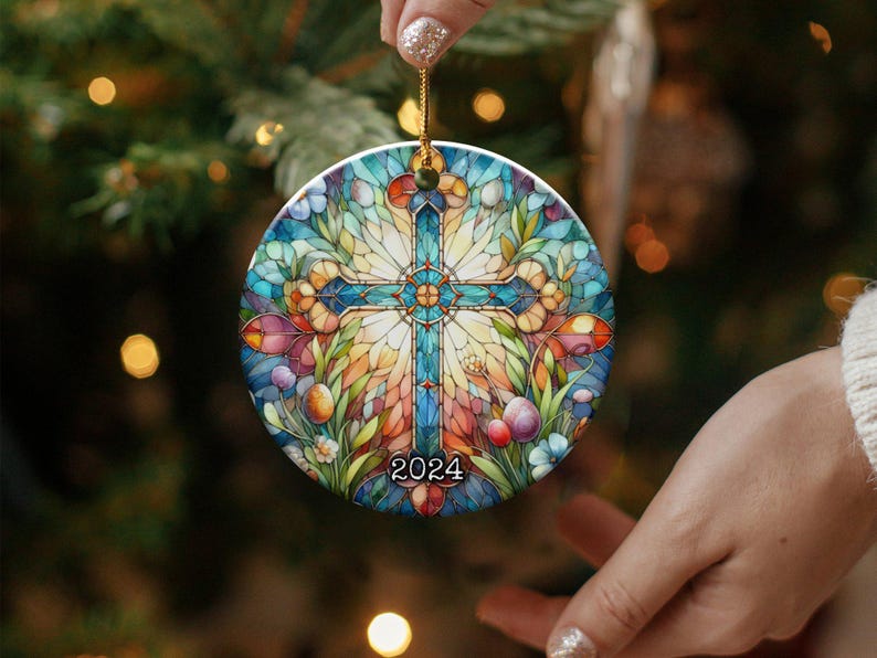 Stained Glass Cross Ornament 2024 Easter Decor Floral Ornaments