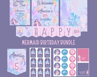 Peut inclure: Un lot de fournitures imprimables pour une fête d'anniversaire sur le thème des sirènes avec une bannière, des invitations, des étiquettes et des décorations pour cupcakes. Les couleurs sont rose, violet et bleu avec un fond aquarelle. Le texte indique "Happy 5th Mermaid Birthday Bundle".